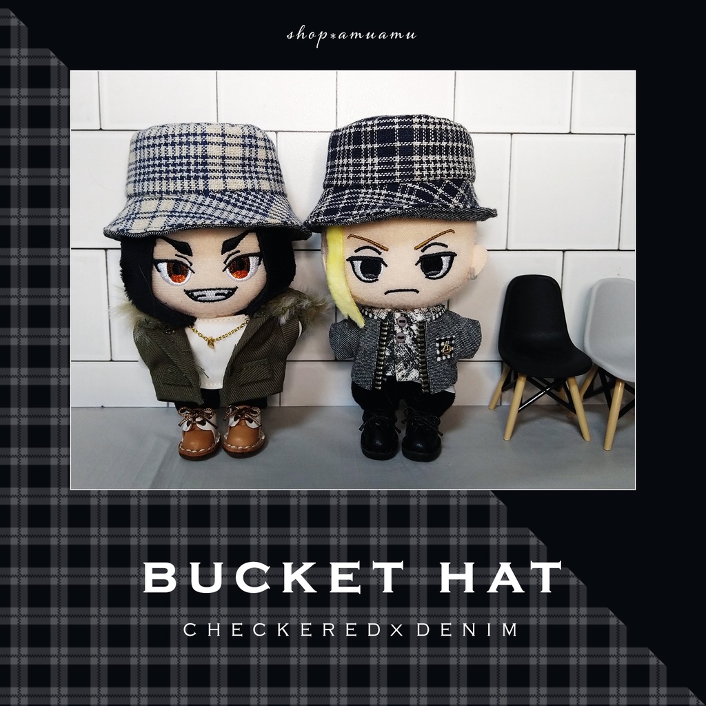 バケットハット(チェック×デニム) 帽子 10cm用 12cm用 マスコット ぬいぐるみ