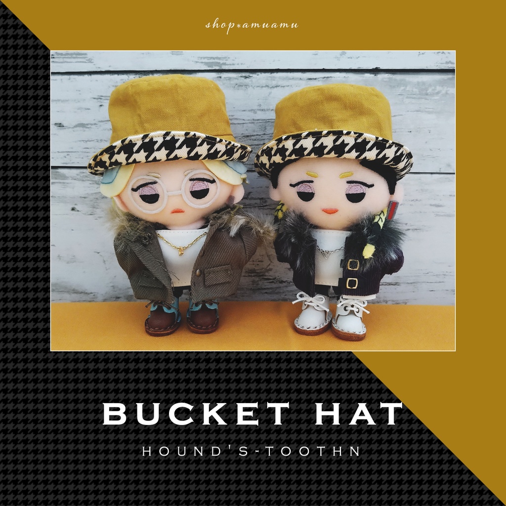 バケットハット(千鳥柄×マスタード) 帽子 10cm用 12cm用 マスコット ぬいぐるみ