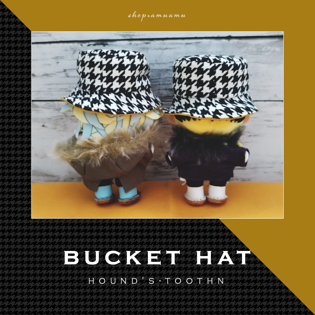 バケットハット(千鳥柄×マスタード) 帽子 10cm用 12cm用 マスコット ぬいぐるみ