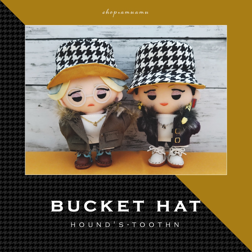 バケットハット(千鳥柄×マスタード) 帽子 10cm用 12cm用 マスコット ぬいぐるみ