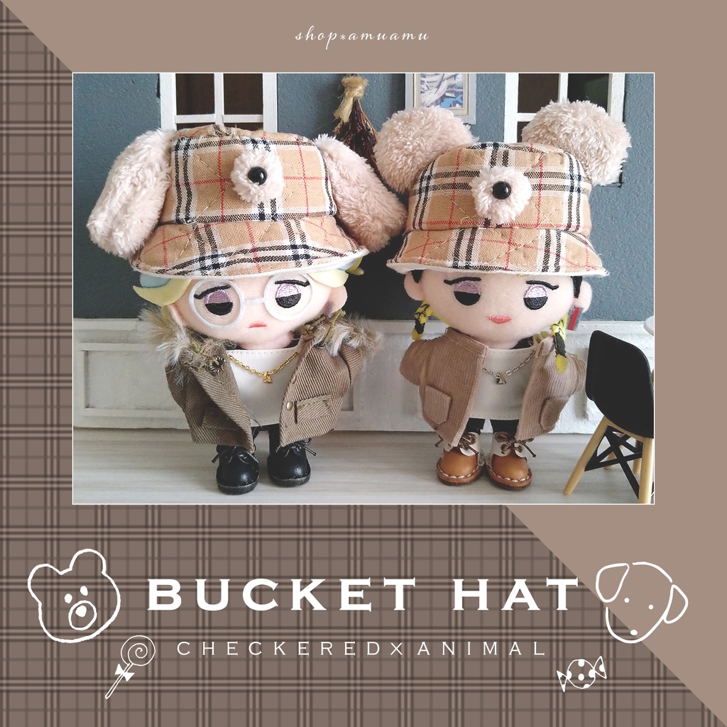 バケットハット(アニマル✕ベージュチェック) 帽子 10cm用 12cm用 マスコット ぬいぐるみ