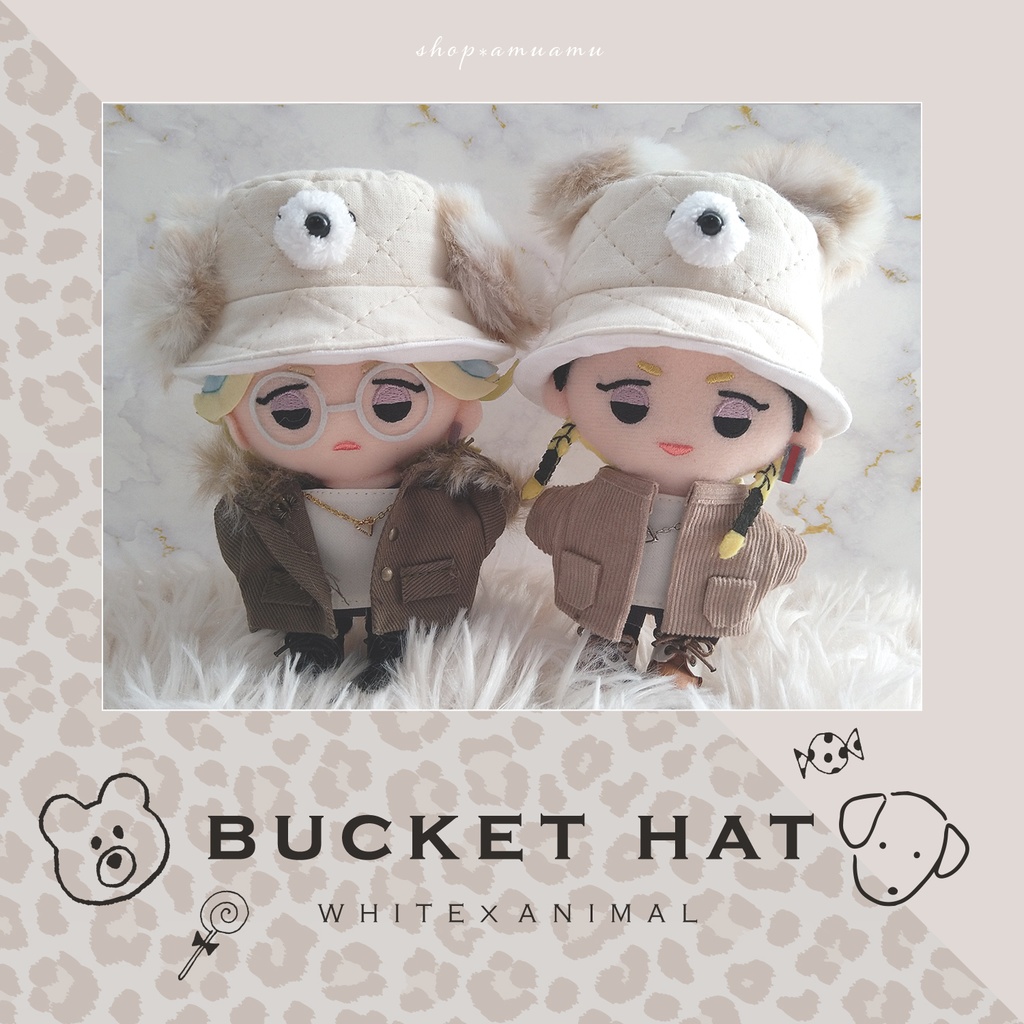 バケットハット(アニマル✕ホワイト) 帽子 10cm用 12cm用 マスコット ぬいぐるみ