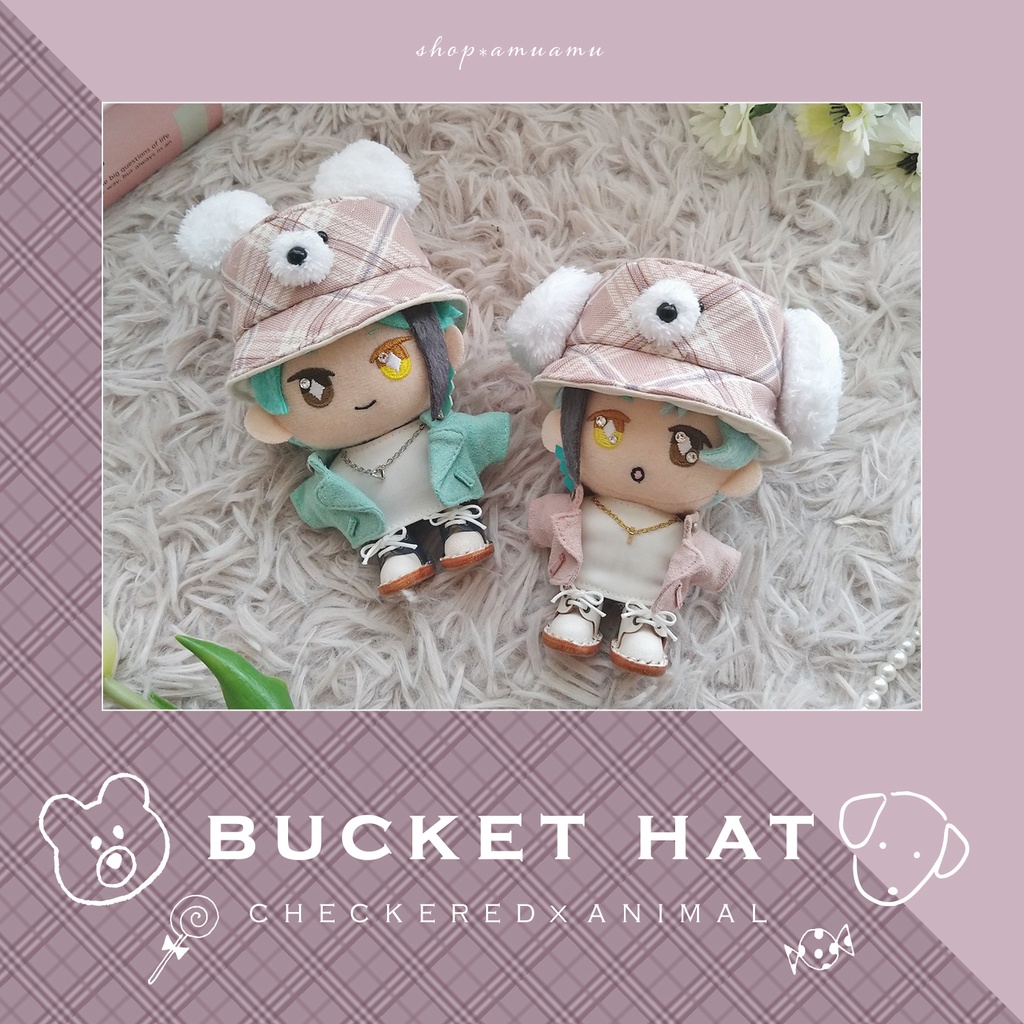 バケットハット(アニマル✕ピンクチェック) 帽子 10cm用 12cm用 マスコット ぬいぐるみ