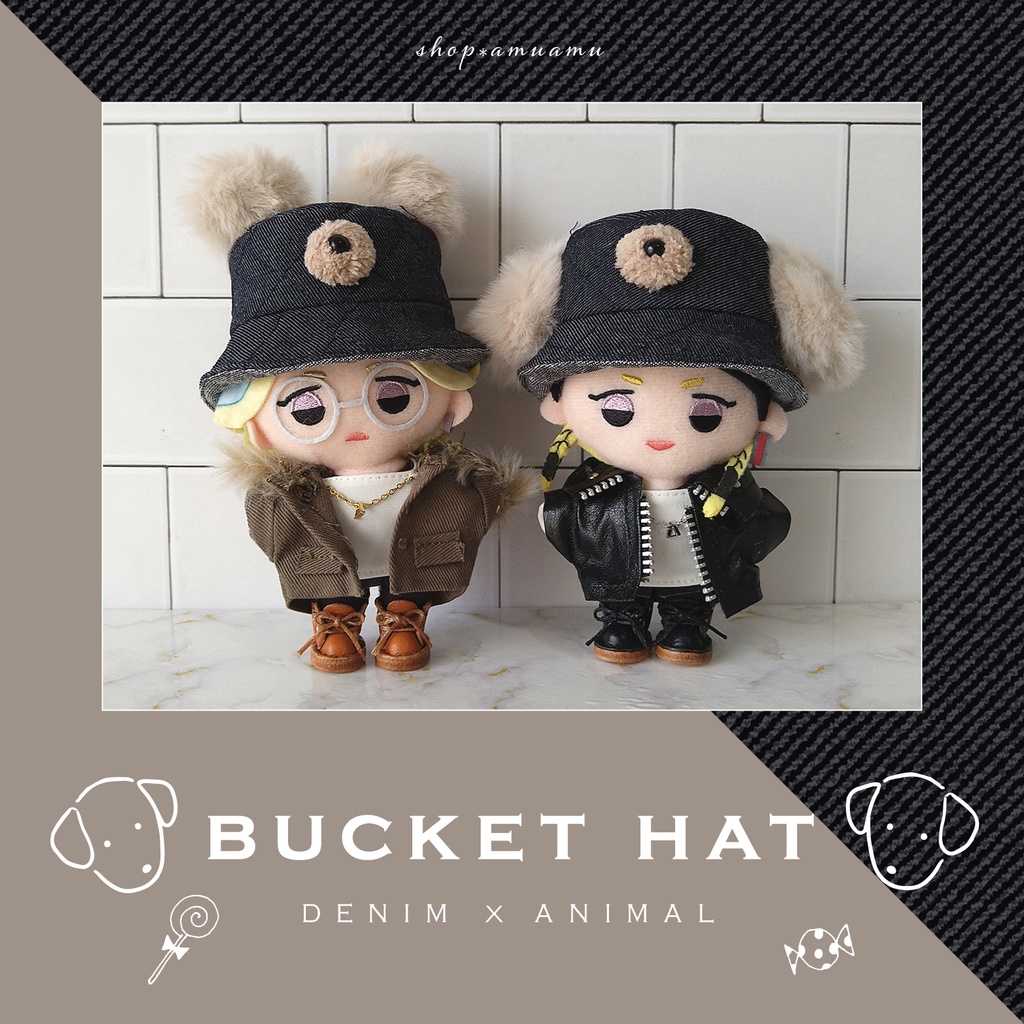 バケットハット(ベージュ✕デニムキルティング) 帽子 10cm用 12cm用 マスコット ぬいぐるみ