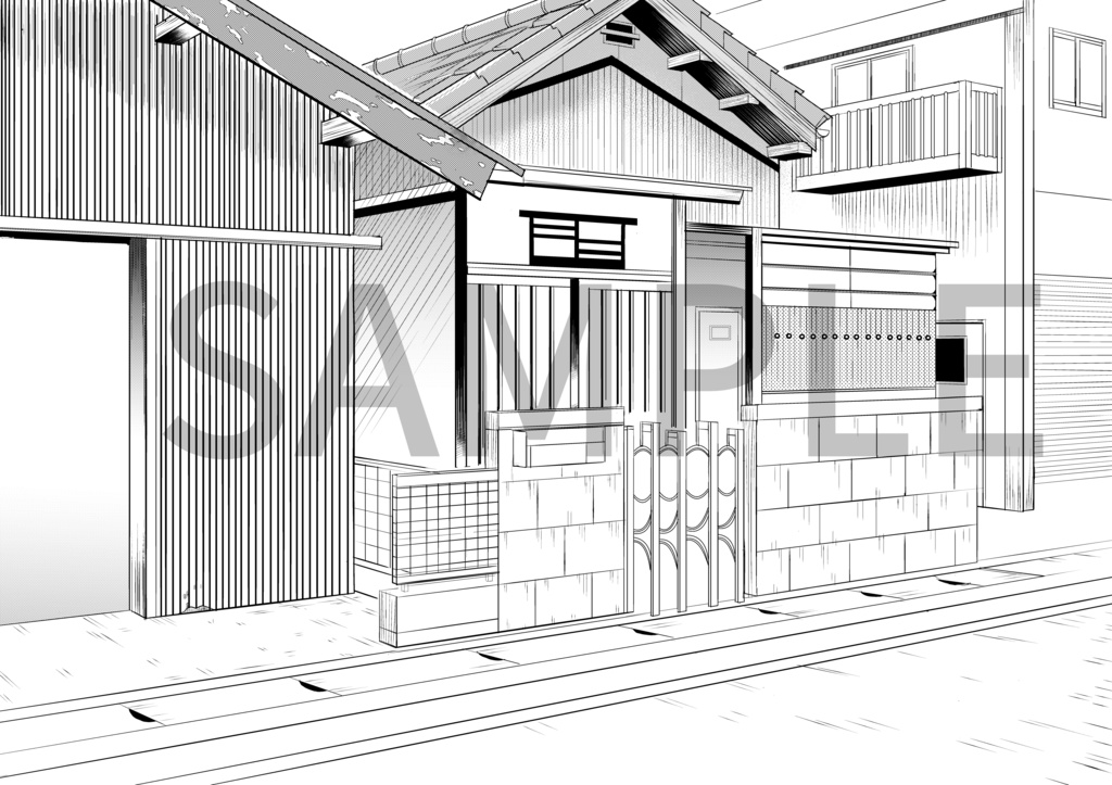 住宅背景　線画とトーン