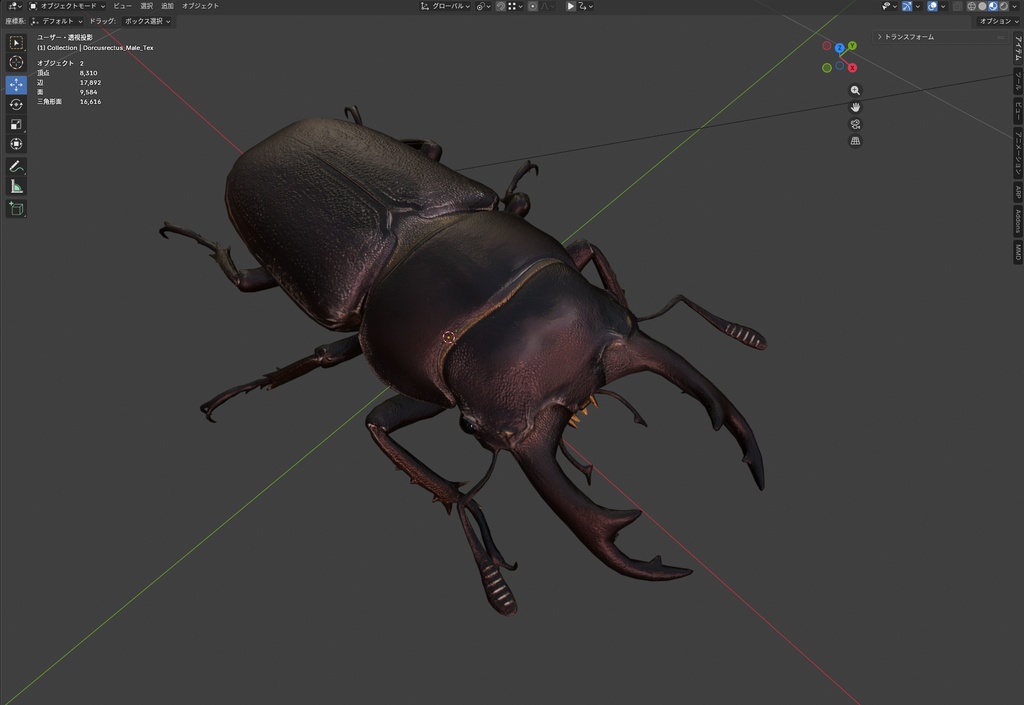 【3Dモデル】コクワガタ（雄） / Dorcus rectus Male（PBRテクスチャ・フルセット）