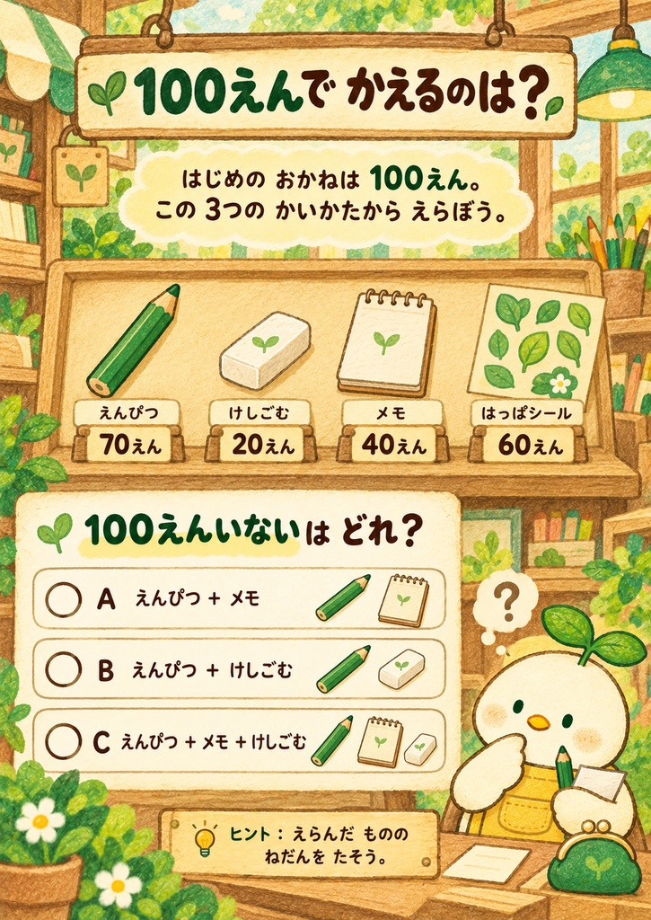 ぜんぶほしい!どうえらぶ?|親子で100円のお買い物を考えるPDF・全10ページ