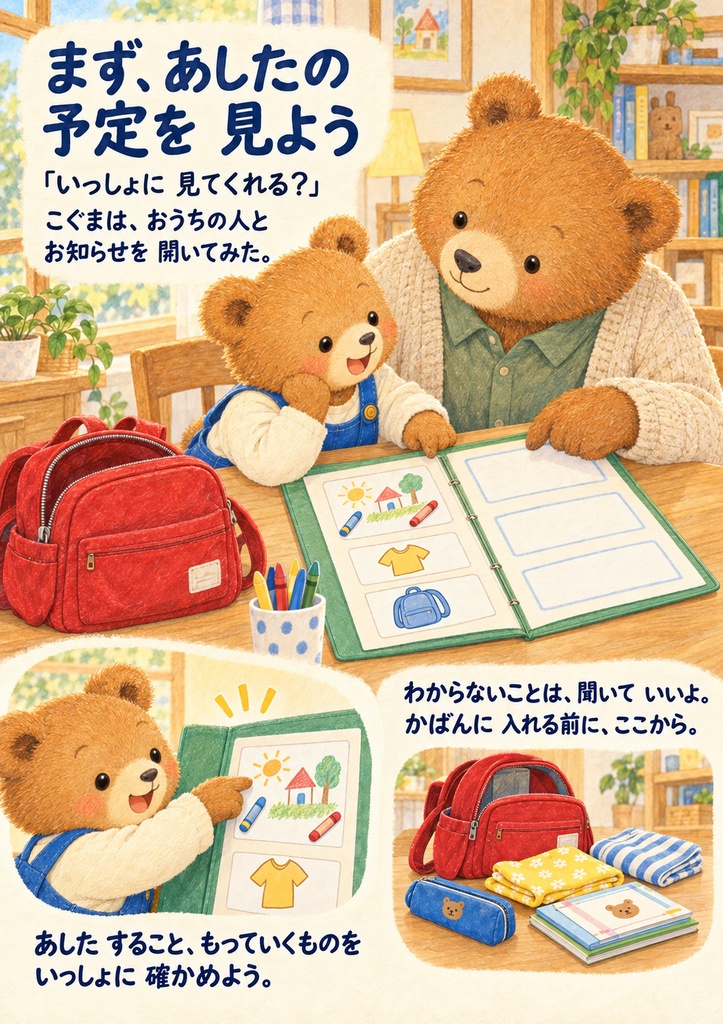 あしたのじゅんび、なにからする?|親子で試す持ち物準備【24ページPDF】