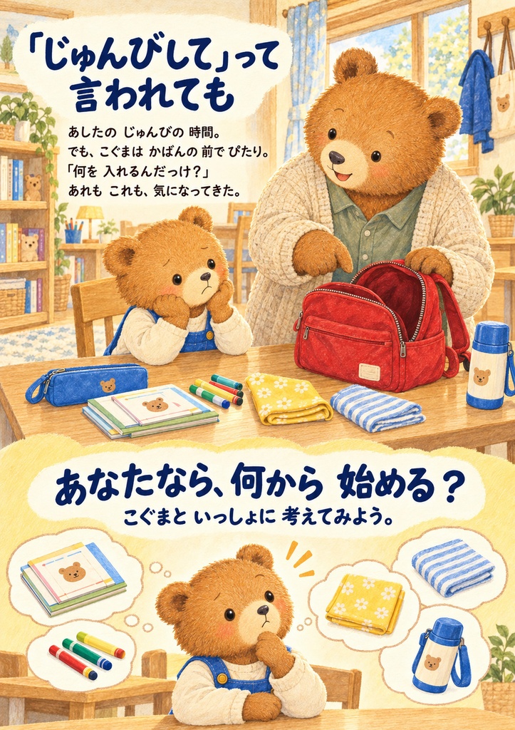 あしたのじゅんび、なにからする?|親子で試す持ち物準備【24ページPDF】