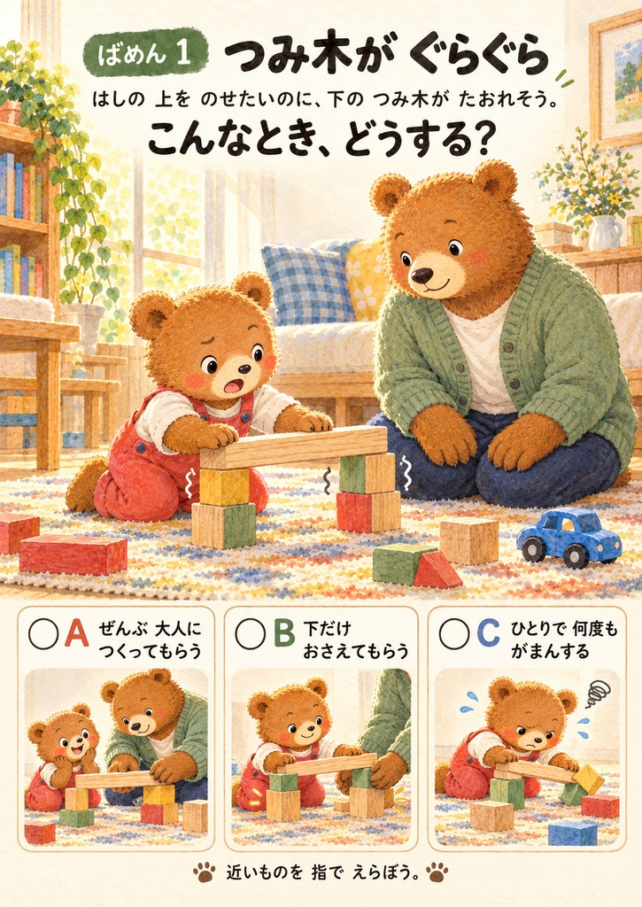 じぶんで やりたい! でも、できない!|親子の場面クイズ8問・おたすけカード6枚付き【24ページPDF】