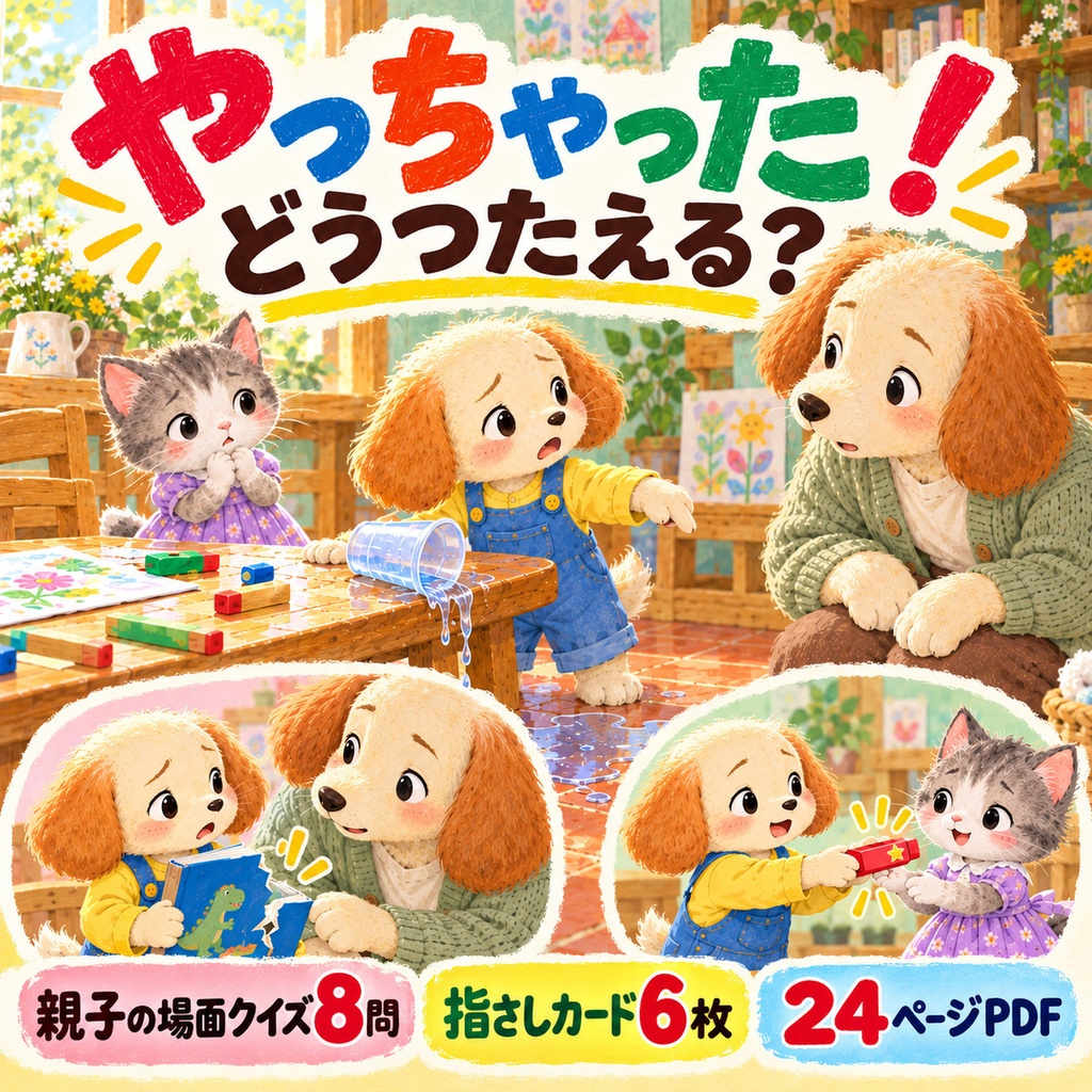 やっちゃった!どうつたえる?|失敗したときの親子クイズ8問・指さしカード6枚【24ページPDF】