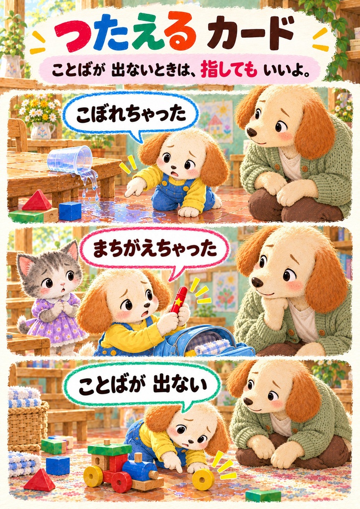 やっちゃった!どうつたえる?|失敗したときの親子クイズ8問・指さしカード6枚【24ページPDF】