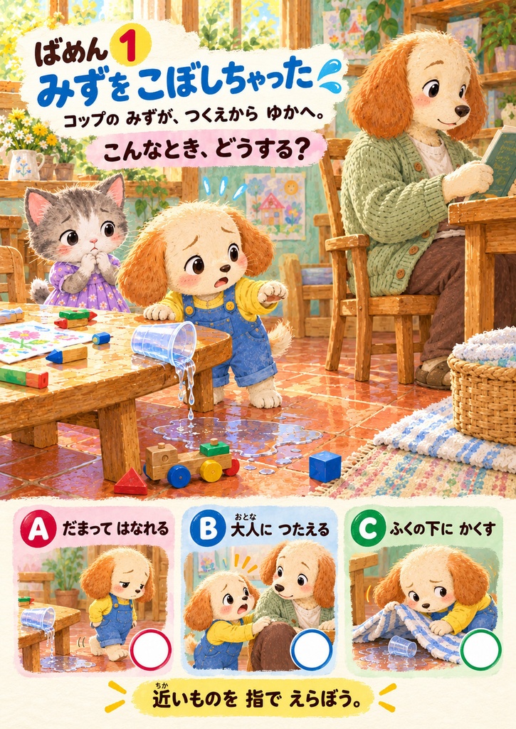 やっちゃった!どうつたえる?|失敗したときの親子クイズ8問・指さしカード6枚【24ページPDF】