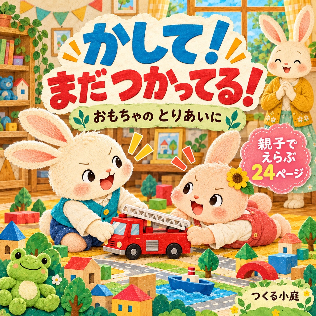 かして！まだ つかってる！｜おもちゃの取り合いを親子で考える絵本｜24ページ・PDF