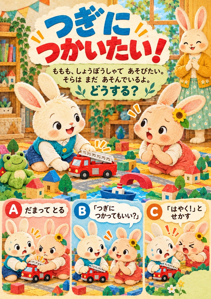 かして!まだ つかってる!|おもちゃの取り合いを親子で考える絵本|24ページ・PDF