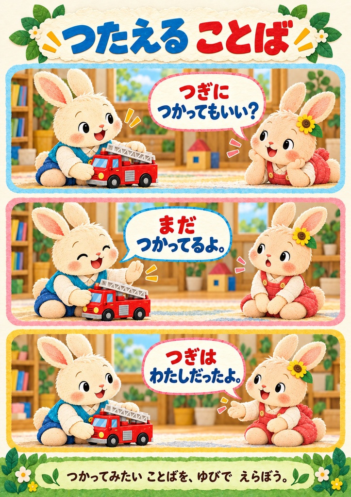かして!まだ つかってる!|おもちゃの取り合いを親子で考える絵本|24ページ・PDF