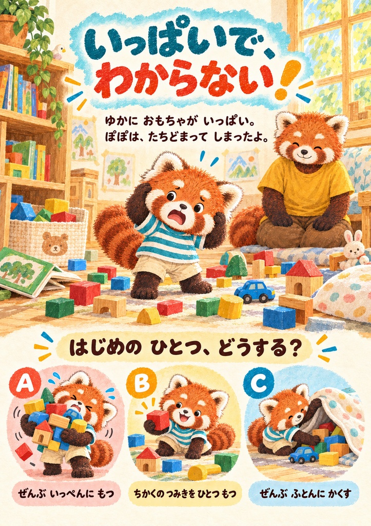 かたづけ、どこから?|最初の一つを親子で選ぶ絵本|24ページ・PDF
