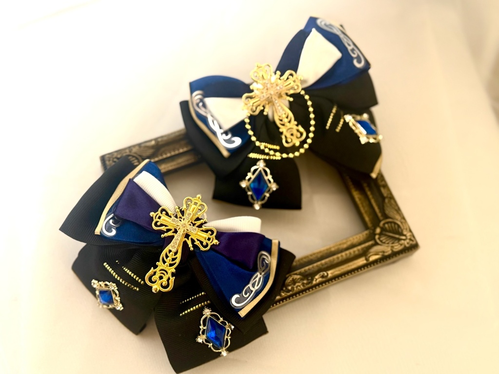 【再販なし】⚔️モノクロチェックメイトモチーフ🎀ペンラリボン＆バッグチャーム＆バレッタ⚔️