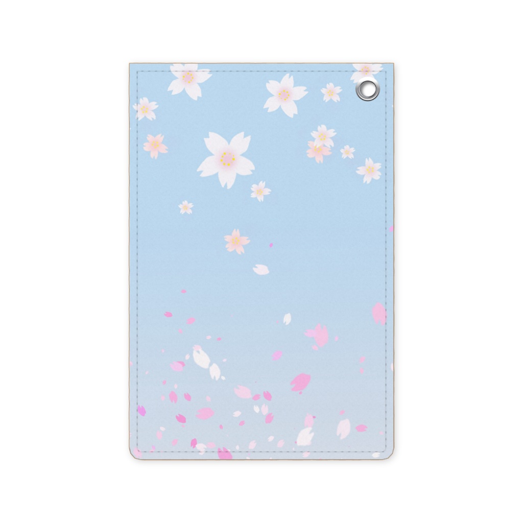 0109　花柄　桜　2-2　ブルー　パスケース