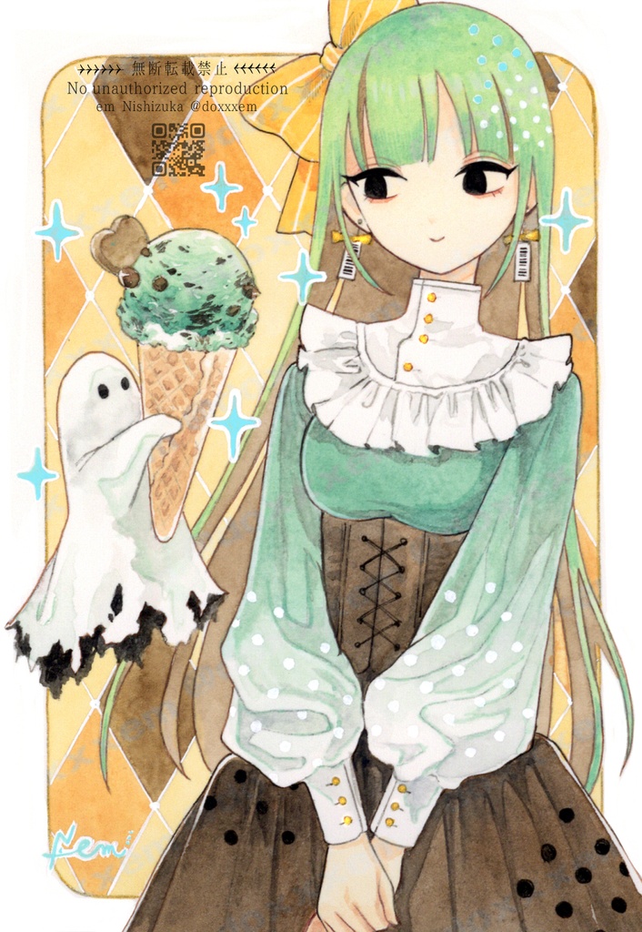 ハガキサイズ原画「チョコミントゴースト」