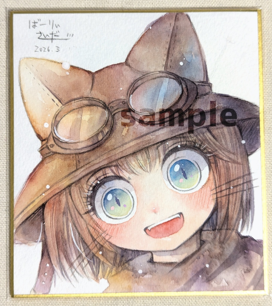 手描きミニ色紙「猫耳帽子」