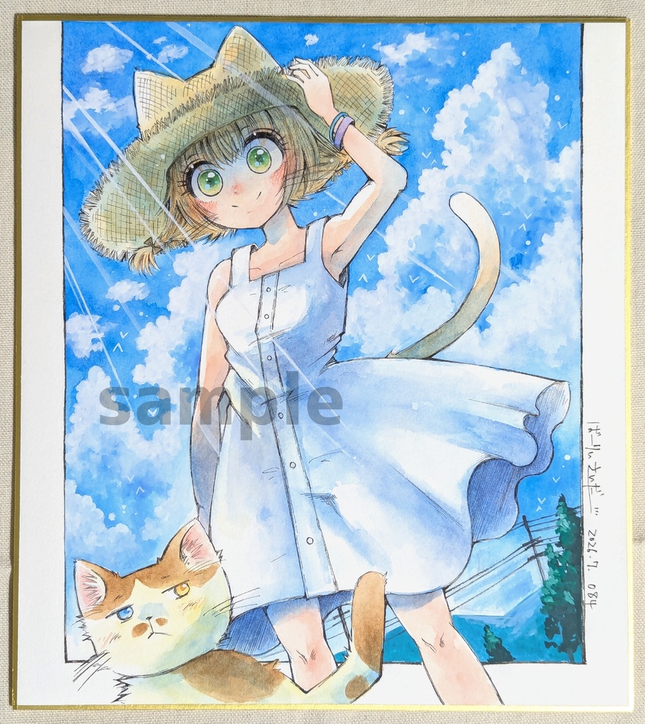 手描き大色紙「白いワンピースと入道雲」/Original Hand-Drawn Shikishi Art Board「A white dress and a cumulonimbus cloud」