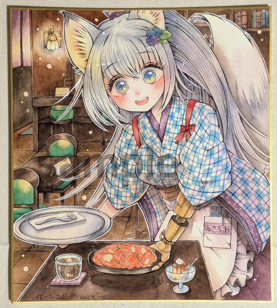 手描き大色紙「銀狐娘のウェイトレス」/Original Hand-Drawn Shikishi Art Board「Silver fox girl waitress」