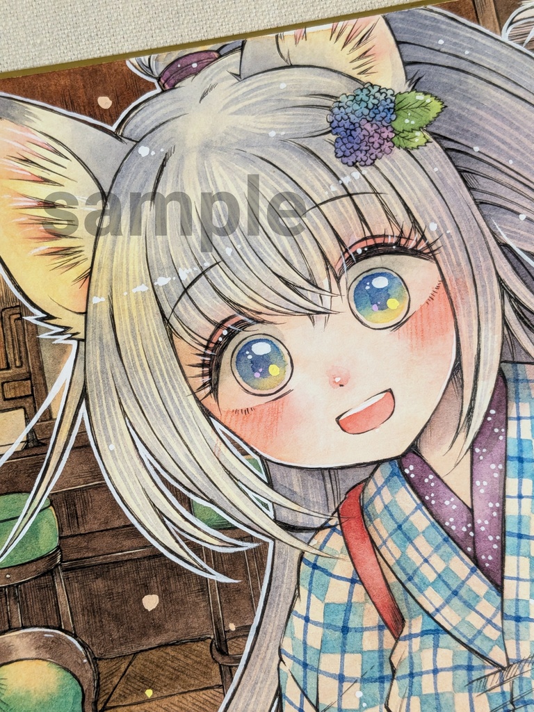 手描き大色紙「銀狐娘のウェイトレス」/Original Hand-Drawn Shikishi Art Board「Silver fox girl waitress」