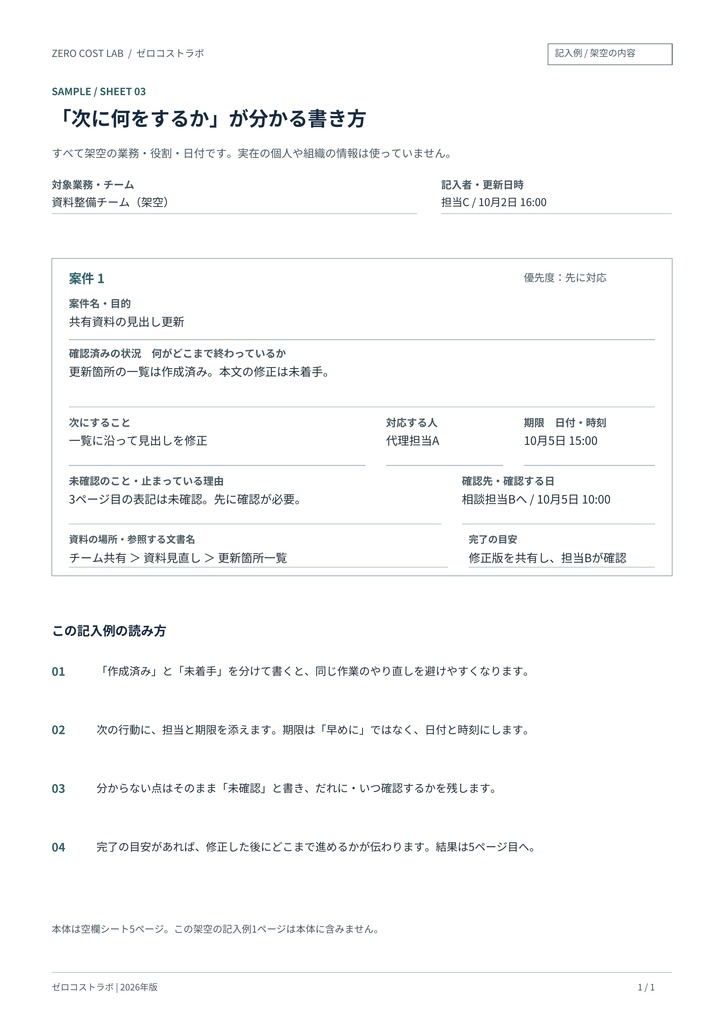 【2026年制作】不在時対応・業務引継ぎシート|A4手書きPDF5ページ・記入例付き