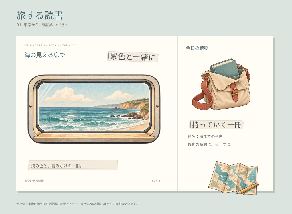 旅する読書|読書ノート用 透過PNGステッカー24点