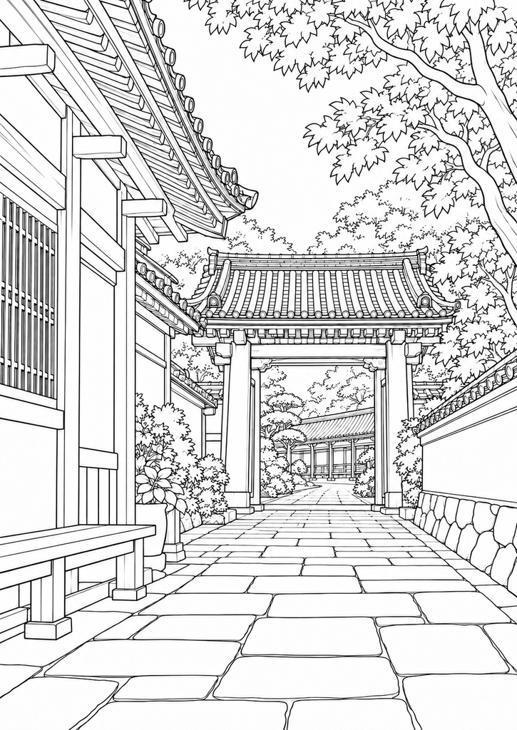 寺町をゆっくり歩く 大人のぬり絵4柄 A4 PDF