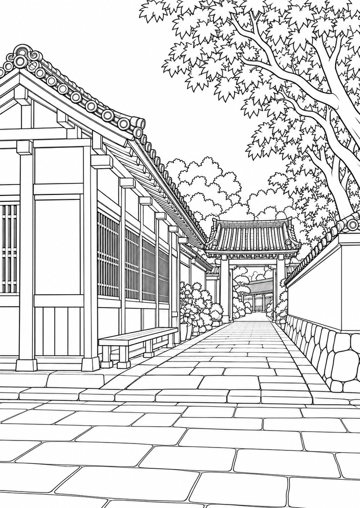 寺町をゆっくり歩く 大人のぬり絵4柄 A4 PDF