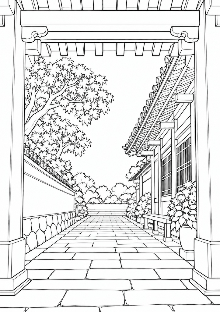 寺町をゆっくり歩く 大人のぬり絵4柄 A4 PDF