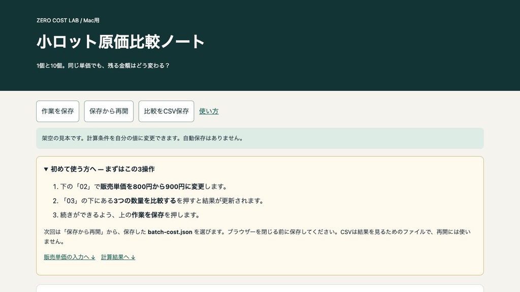 小ロット原価比較ノート|準備時間・労賃・手数料を数量別に比較【Mac用】