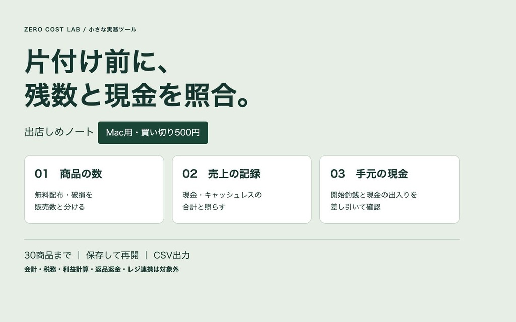 出店しめノート|マルシェの残数・売上・現金を照合【Mac用】