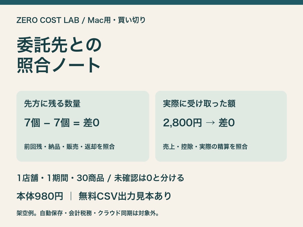 委託先との照合ノート|残数・売上・精算差を確認【Mac用】