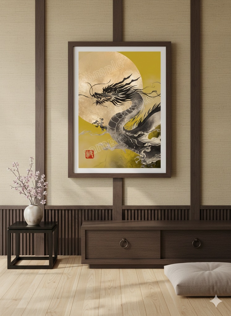 「Moonlit Dragon」デジタルアート&スマホ壁紙セット(A4・A3・4K縦 / Canva AI作成)