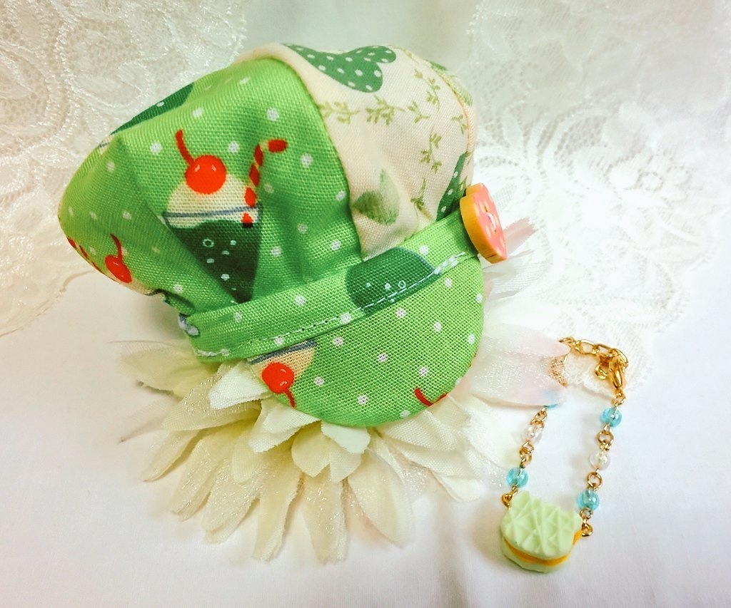 10cmぬいのサイズ◆クリームソーダなキャスケット&くまメロンサンドポーチ(グリーン)