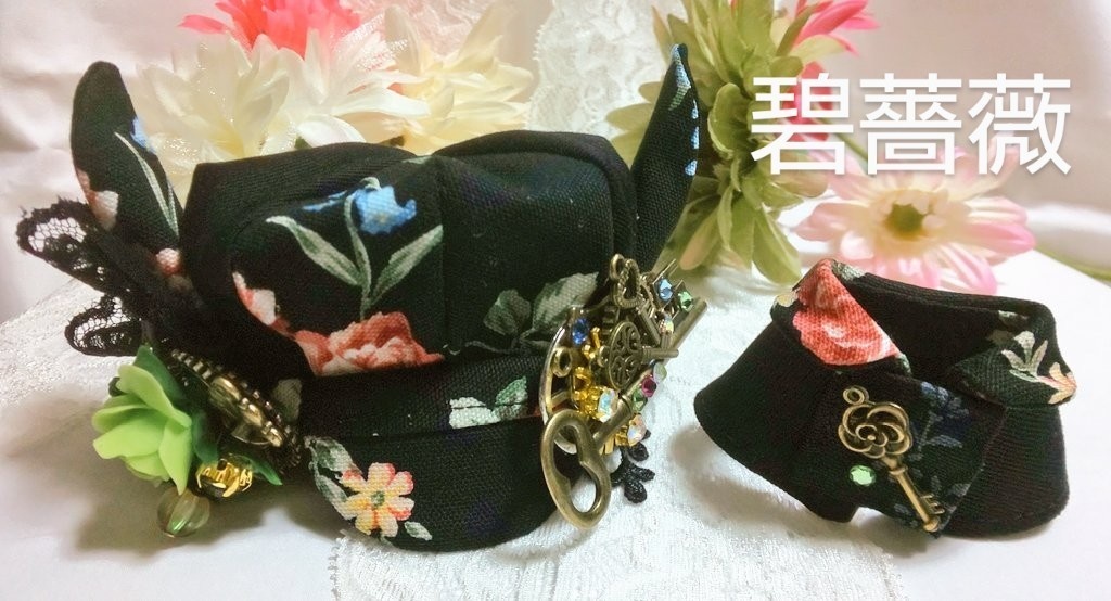 10cmぬいのサイズ◆帽子&ケープセット◆ブラックフラワーガーデン