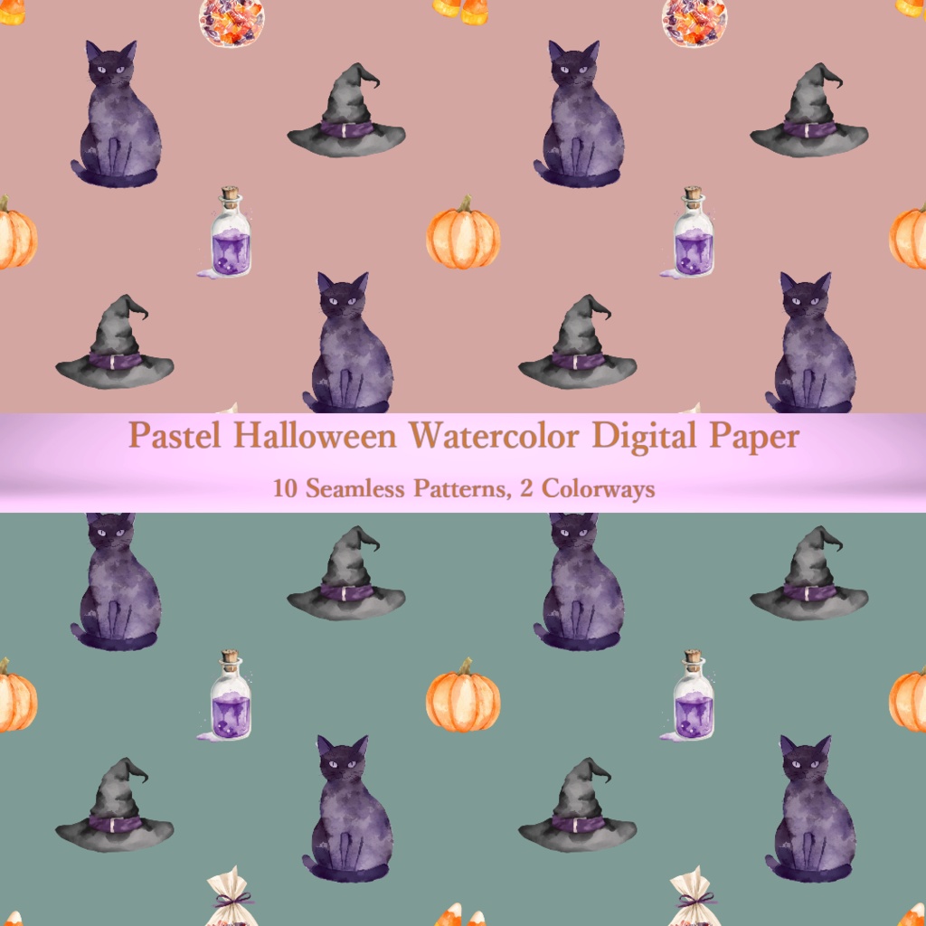 ハロウィン デジタルペーパー 水彩 パステルカラー シームレスパターン 全20枚(10柄×2色)