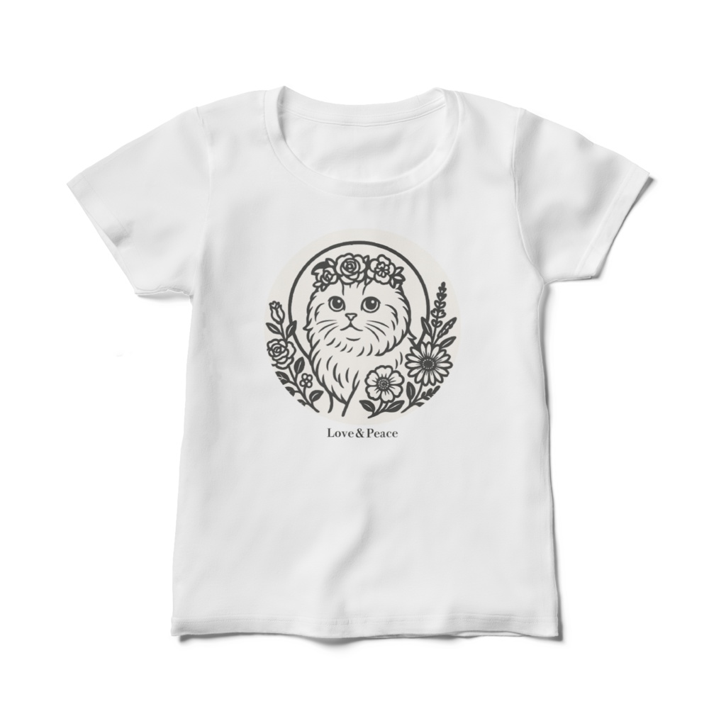 スコティッシュフォールドLove＆Peace【レディースTシャツ白】