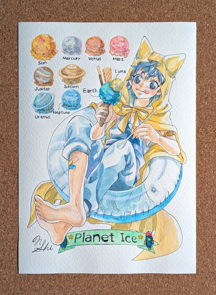 NEW!【フレームレス原画】犬頭巾くんと惑星アイス