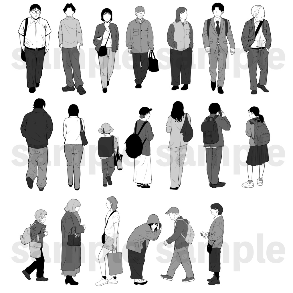 【100素材】漫画用 通行人モブ素材(20体×5パターン)|お試し版【商用可】