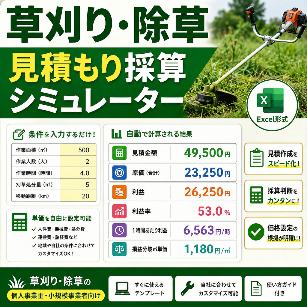草刈り・除草 見積もり採算シミュレーター|見積・原価・利益を自動計算【Excel】