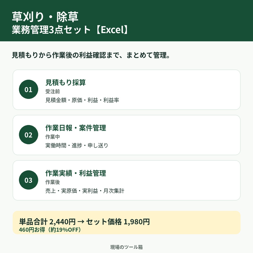 草刈り・除草 業務管理3点セット｜見積・作業日報・利益管理【Excel】