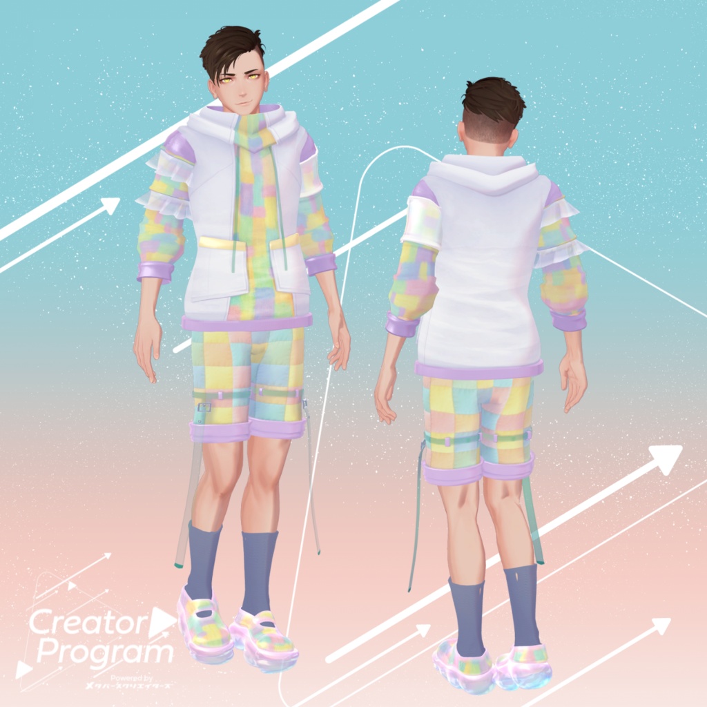 男性アバター向け衣装『うららかパッチワークパーカー -UrarakaPatchworkHoodie-』 - By あぶりメラミ / CP11