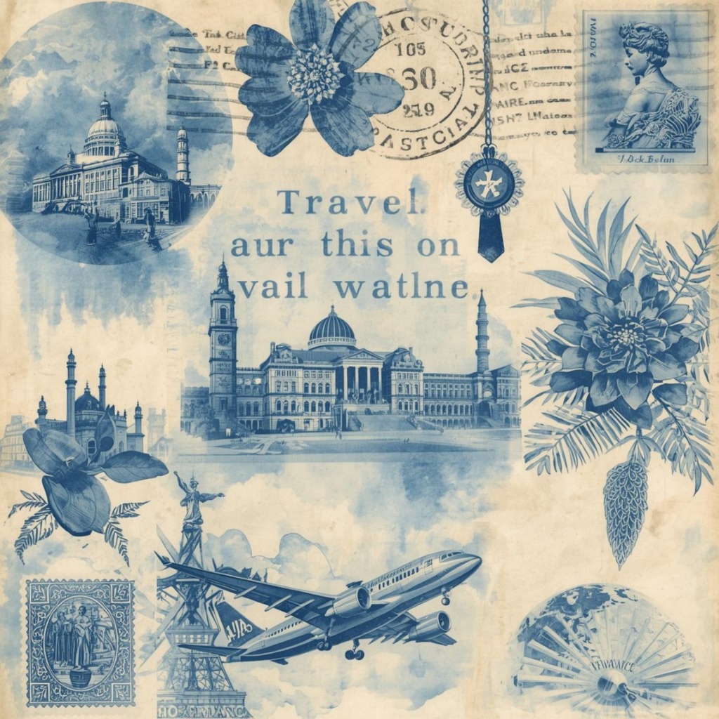 アンティーク×水彩ブルーの旅シリーズ クリップアートセット(全15点・PNG背景透過)