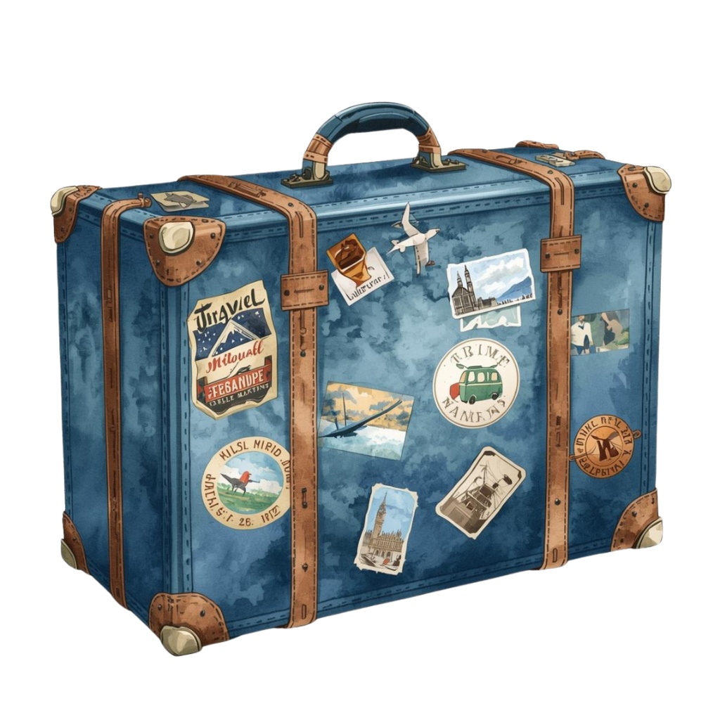 アンティーク×水彩ブルーの旅シリーズ クリップアートセット(全15点・PNG背景透過)