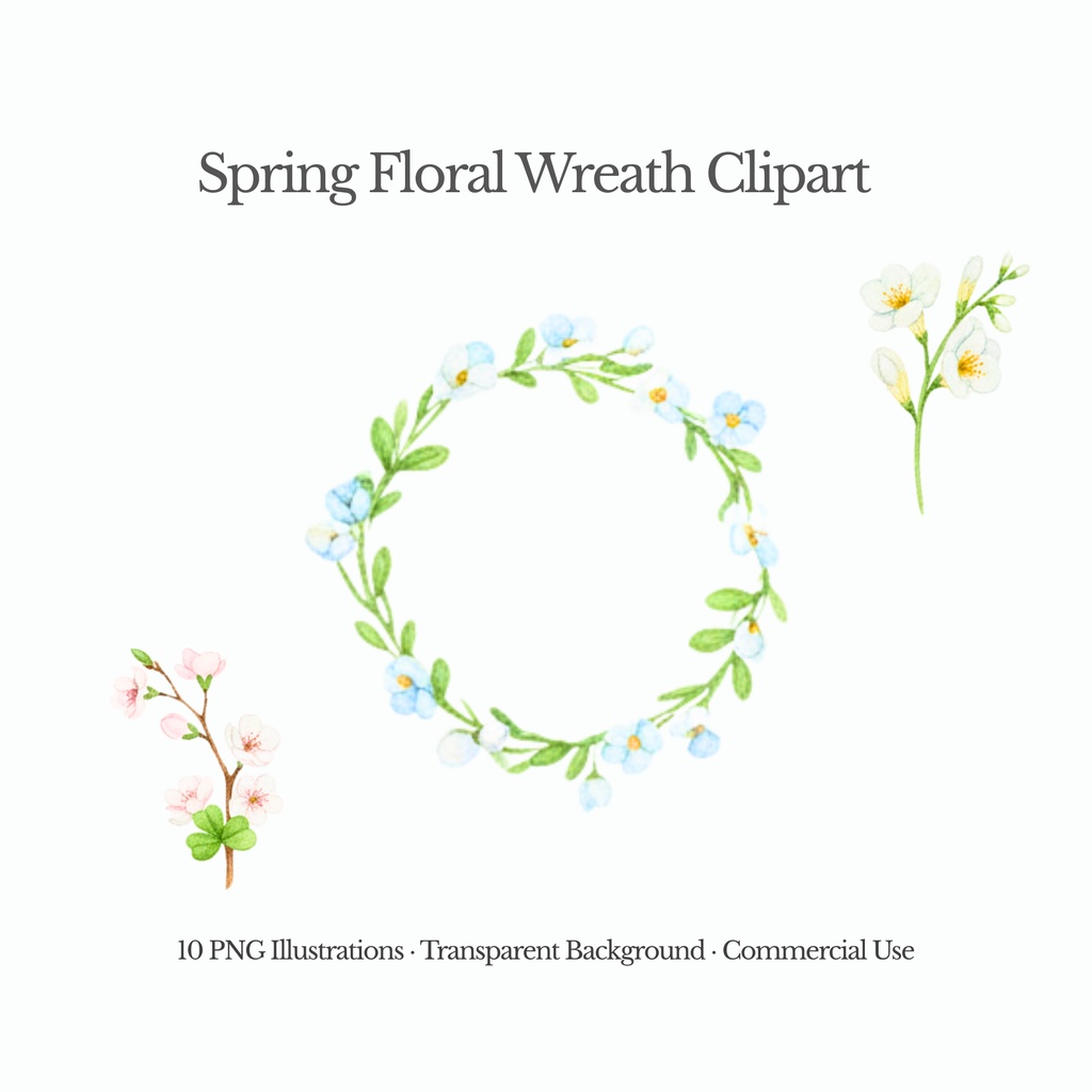 春の花 水彩フローラルリース クリップアート（PNG・10点）