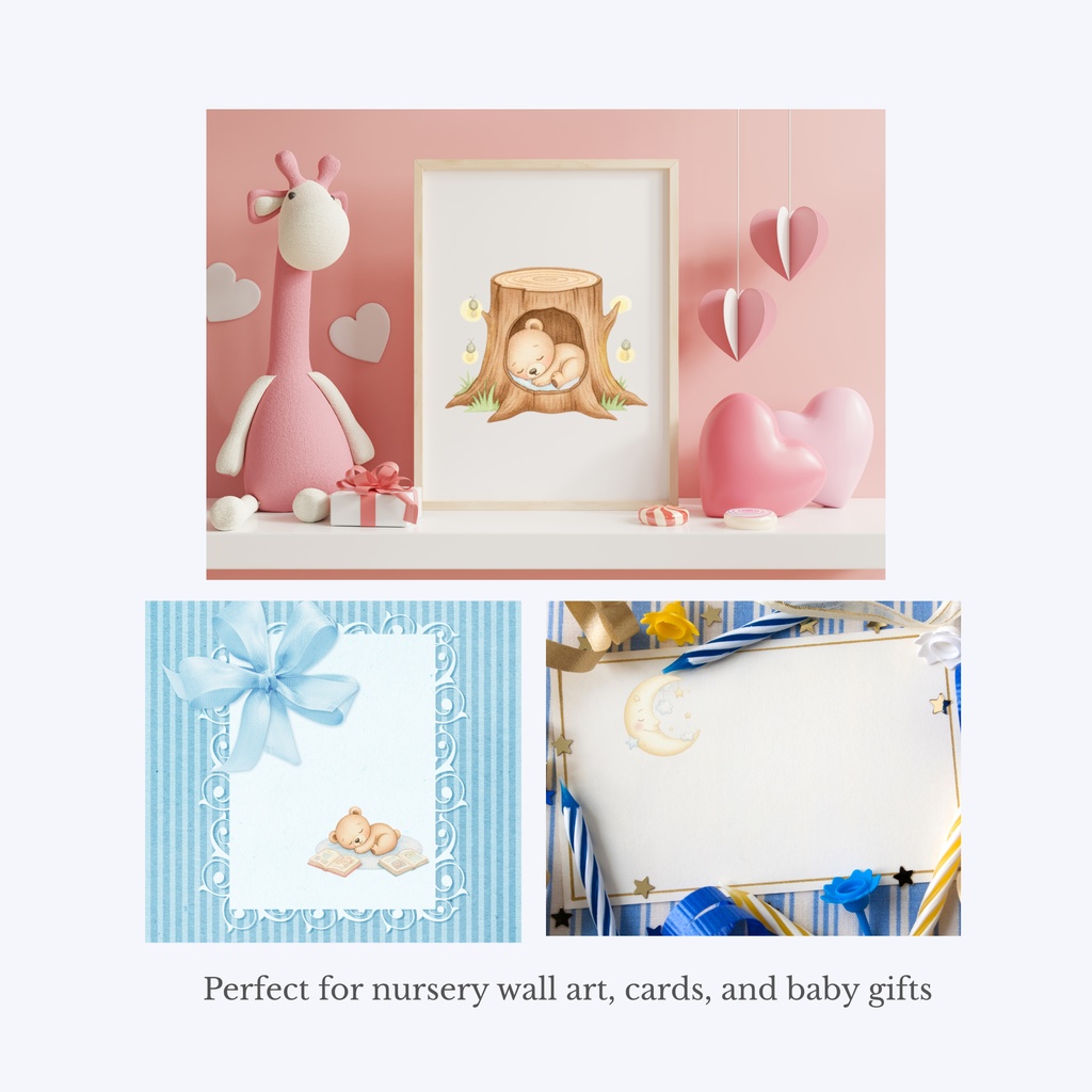 おやすみベビーベアー やさしい水彩イラスト 15点セット(PNG)